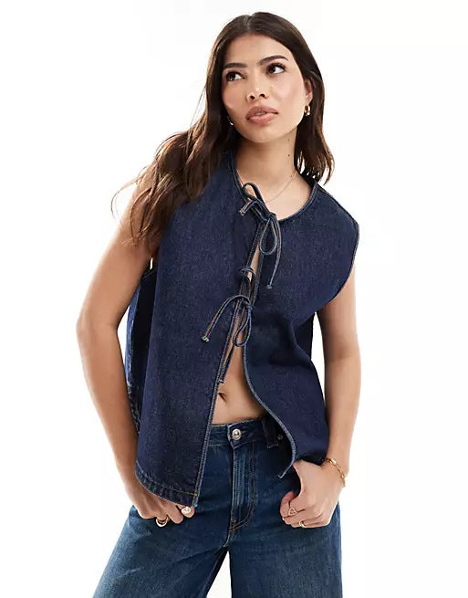 Denim Vest with Innovative Lace-Up Closure