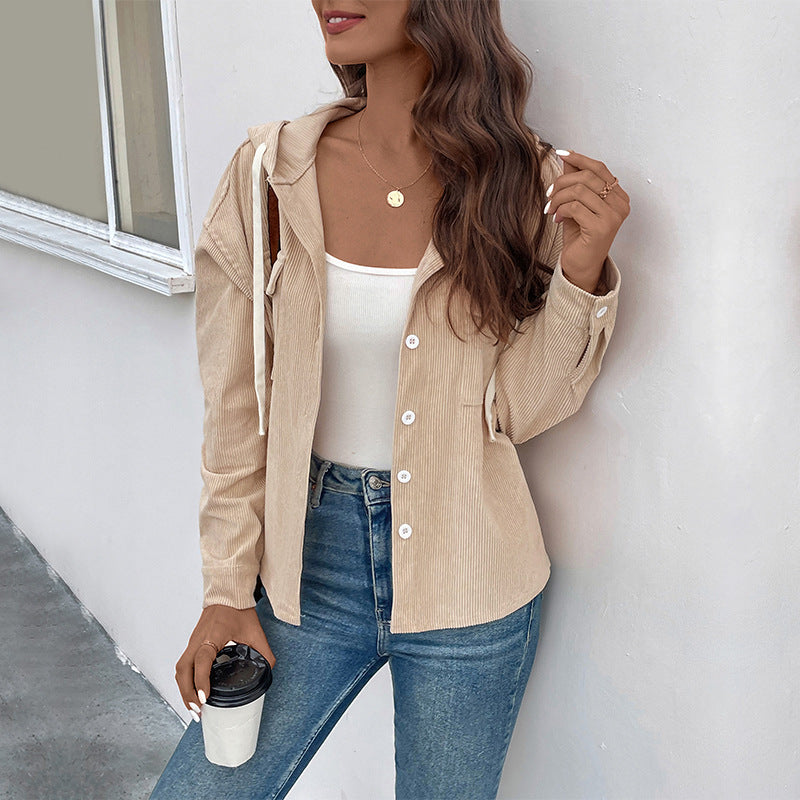 Women's Corduroy Jacket with Hood and Button Closure