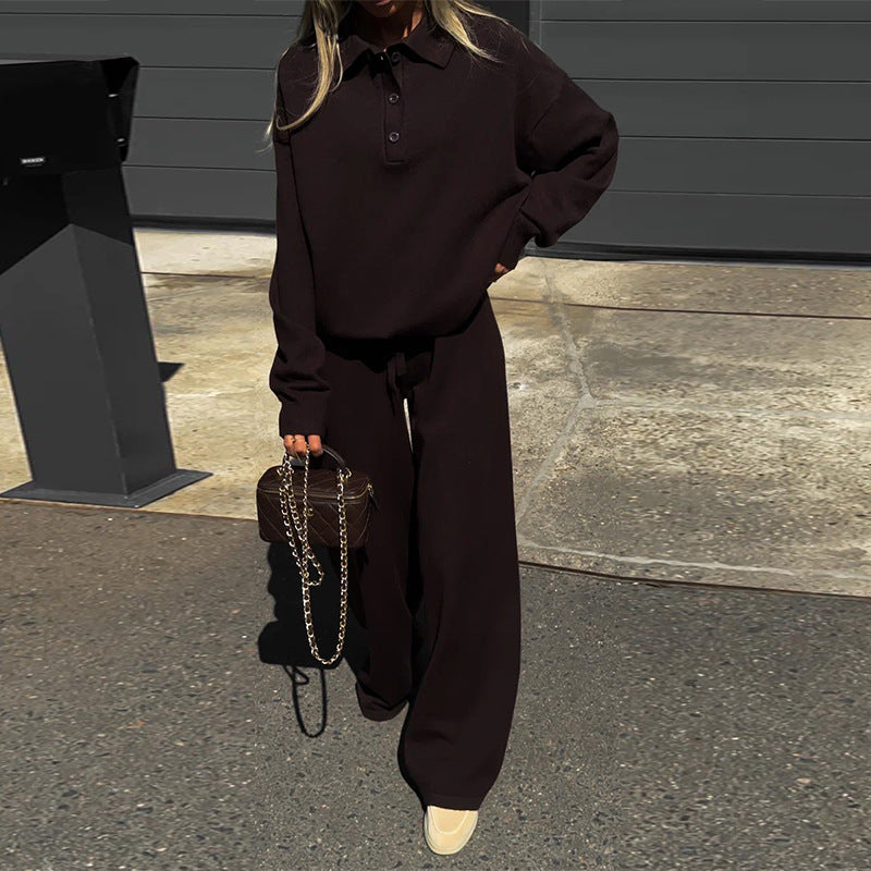 Women's Loungewear Combination with Loose Polo Shirt and Wide Pants