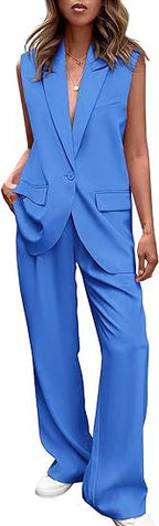 Women's Sleeveless Blazer Set with Wide-Leg Trousers