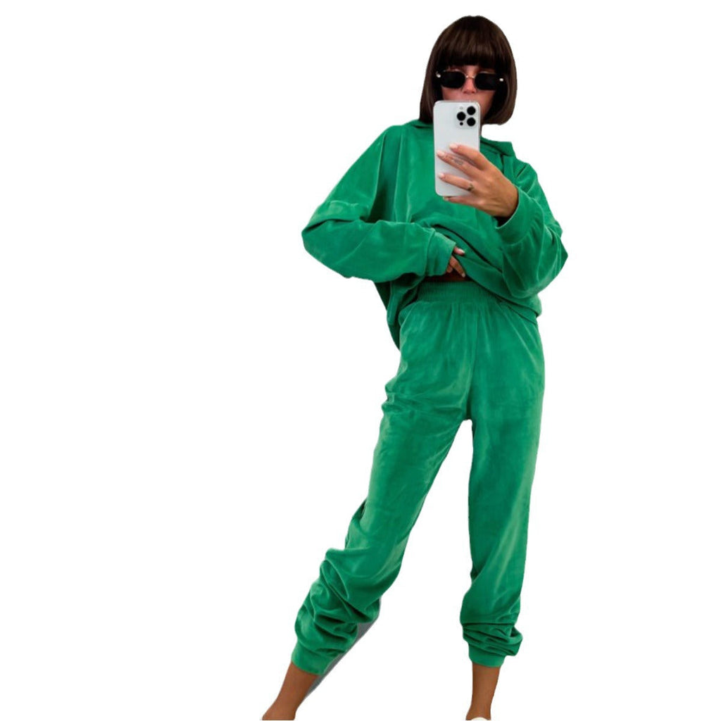 Women's Comfortable Velour Sweat Suit with Hood and Elastic Waistband