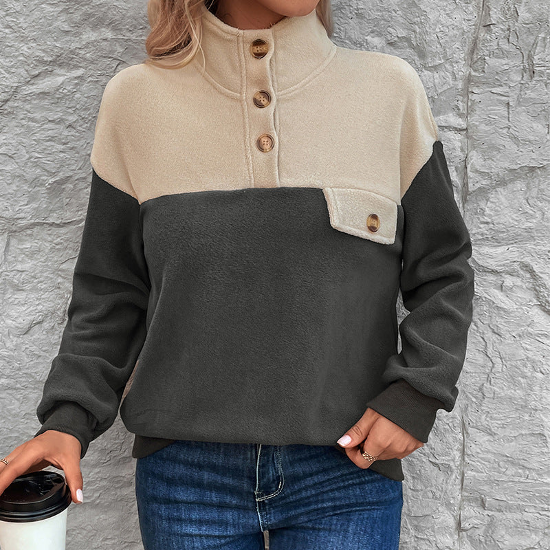Women's Fleece Pullover with Buttoned Collar and Chest Pocket