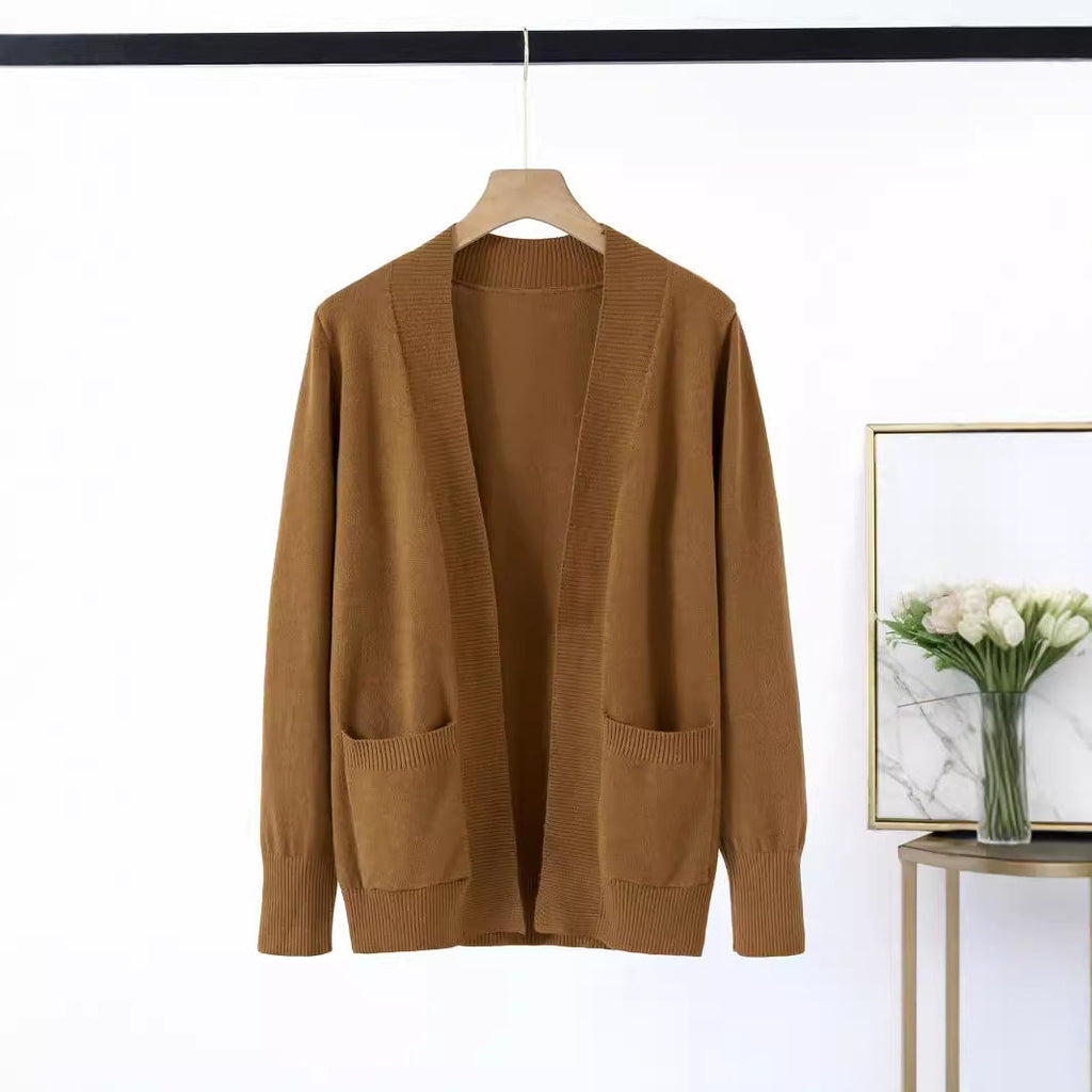Women's Cozy Knit Cardigan with Pockets and Open Cut