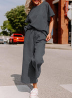 Women's Casual Jumpsuit Set in Soft Material with Elastic Waistband and Wide-Legged Pants