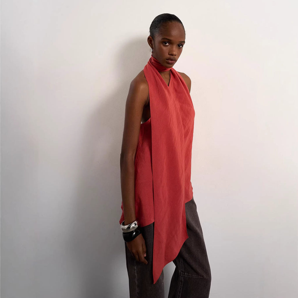 Women's Asymmetrical Wrap Top with Elegant Scarf