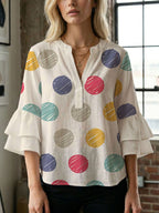 Women's Blouse with Voluminous Flutter Sleeves and Leaf Print