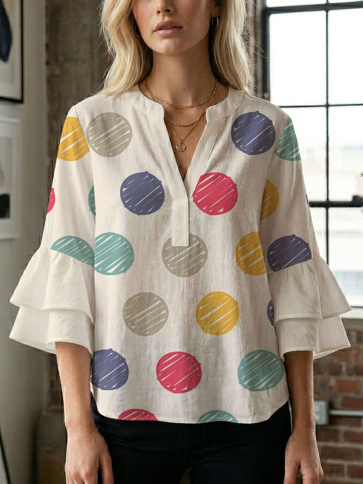 Women's Blouse with Voluminous Flutter Sleeves and Leaf Print