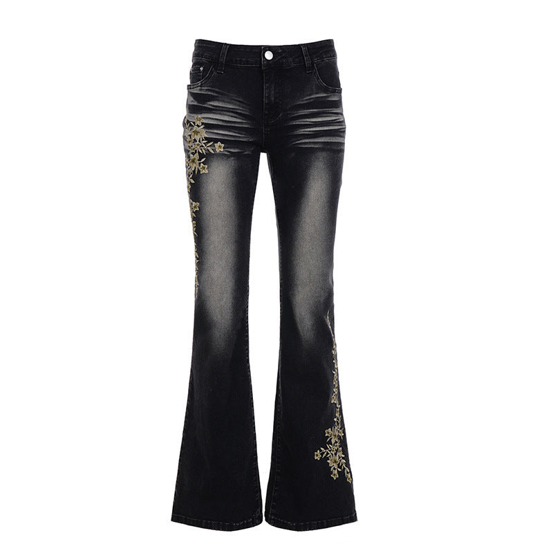 Women's Flared Jeans with Floral Embroidery