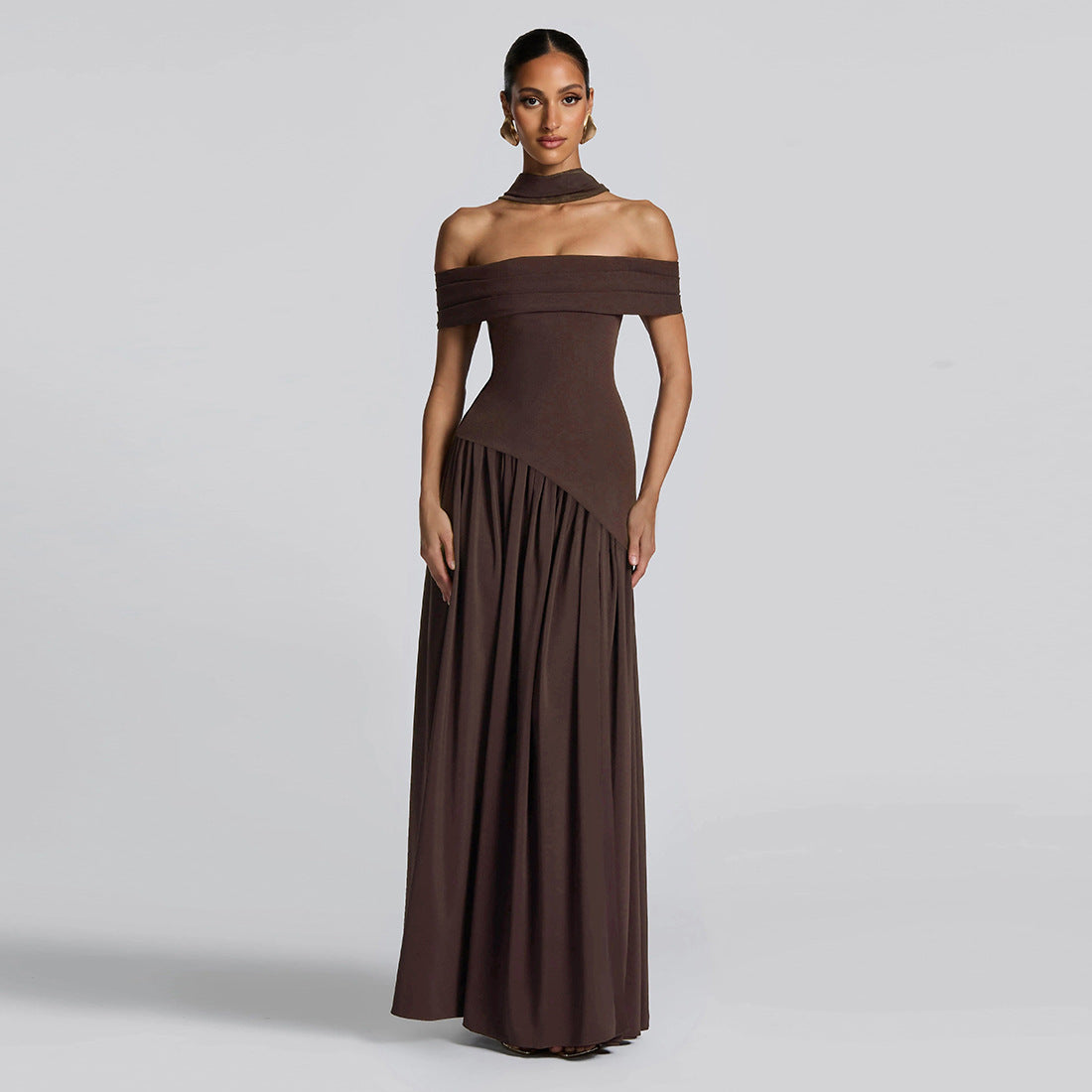 Women's Evening Dress with Chic Off-Shoulder Design and High Slit