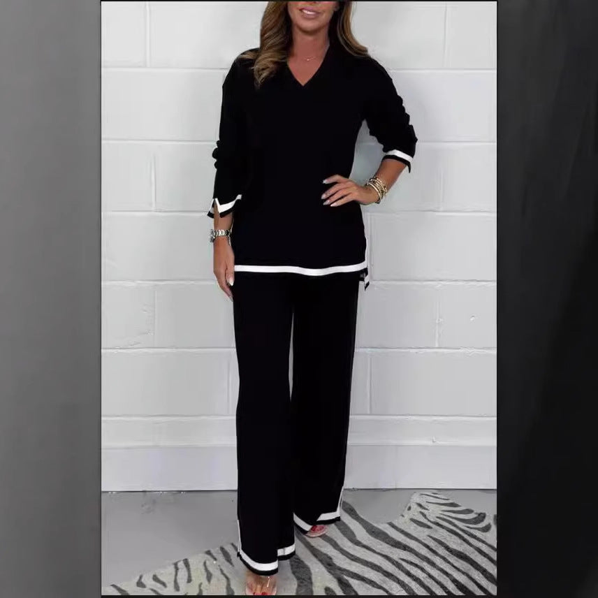 Women's Casual Knit Set with Wide Cut and Elegant Contrasts