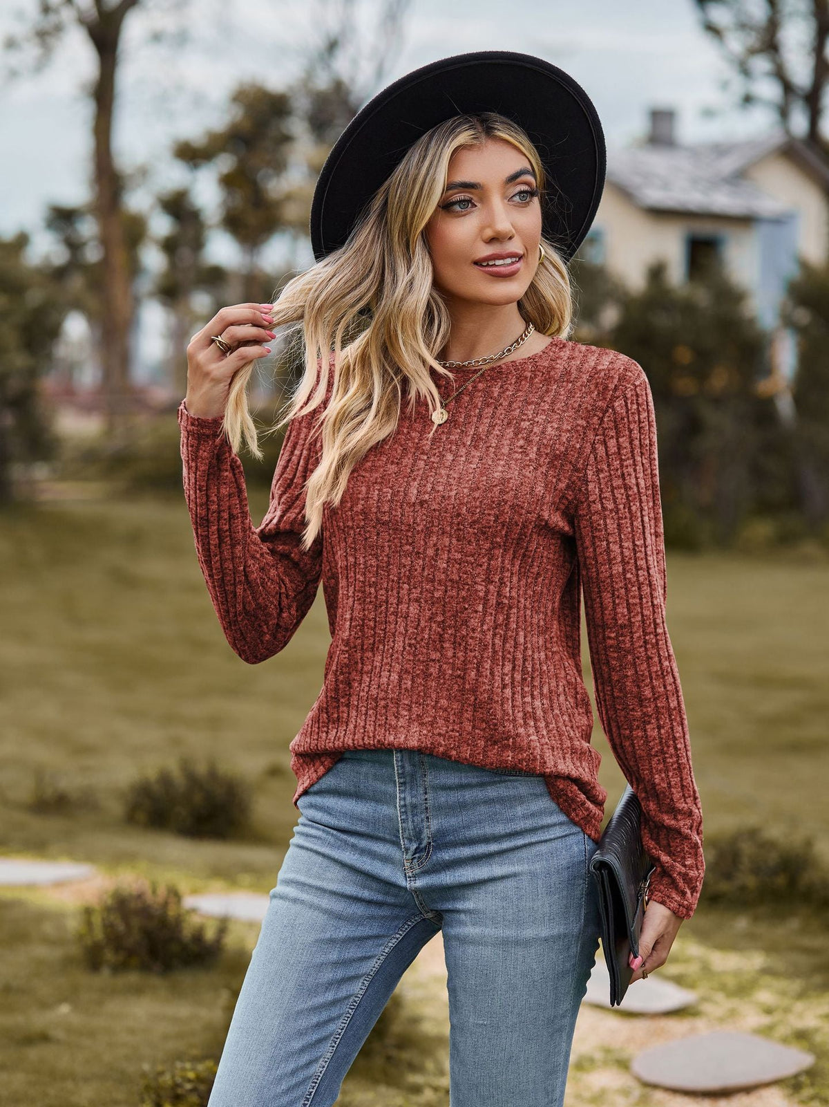 Women's Fine Knit Sweater with Ribbed Design and Relaxed Fit