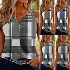 Women's Sleeveless V-Neck Top with Button Detail and Plaid Pattern