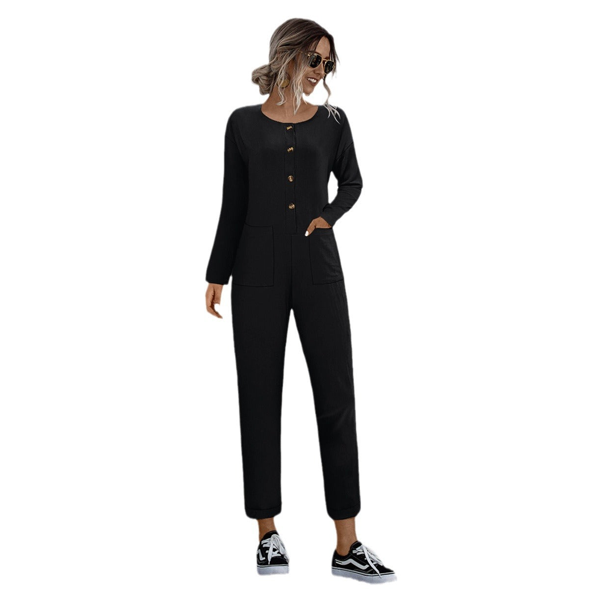 Casual Women's Jumpsuit with Pockets and Elegant Button Design