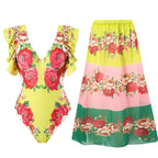 Women's Swimsuit with Fashionable Ruffle Details and Floral Wrap Skirt