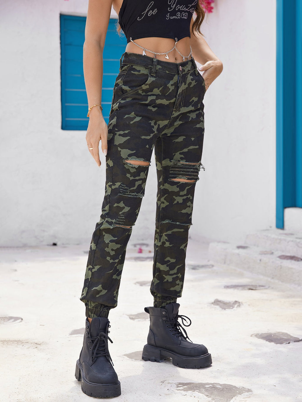 Women's Camouflage Cargo Jeans with Ripped Details