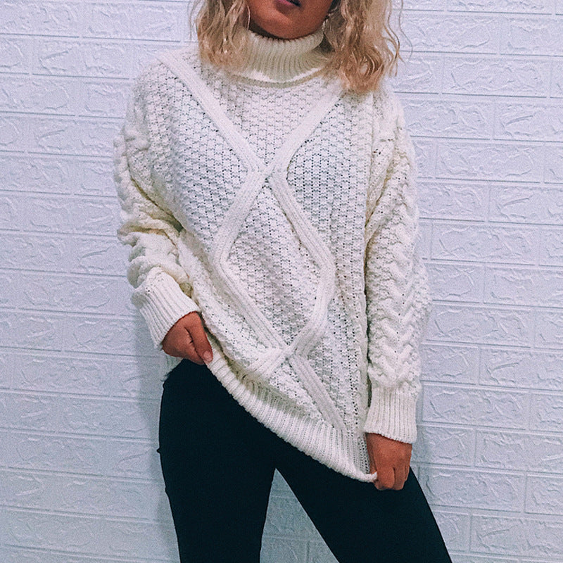 Women's Chunky Knit Sweater with Cable Pattern and High Collar