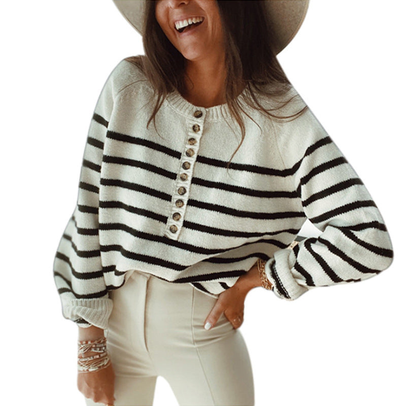 Women's Patterned Knit Sweater with Button Placket