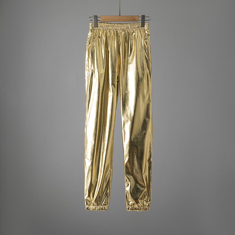 Women's Shiny Fitness Pants with Elastic Waistband and Side Pockets