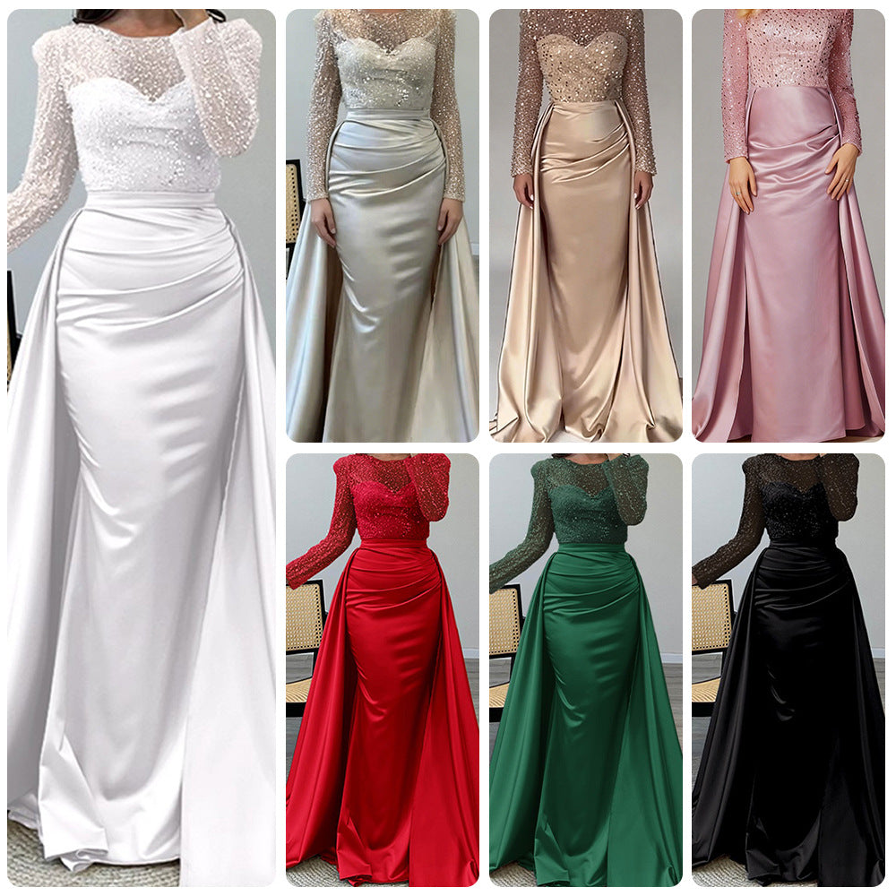 Women's Evening Dress with Sequined Bodice and Satin Skirt