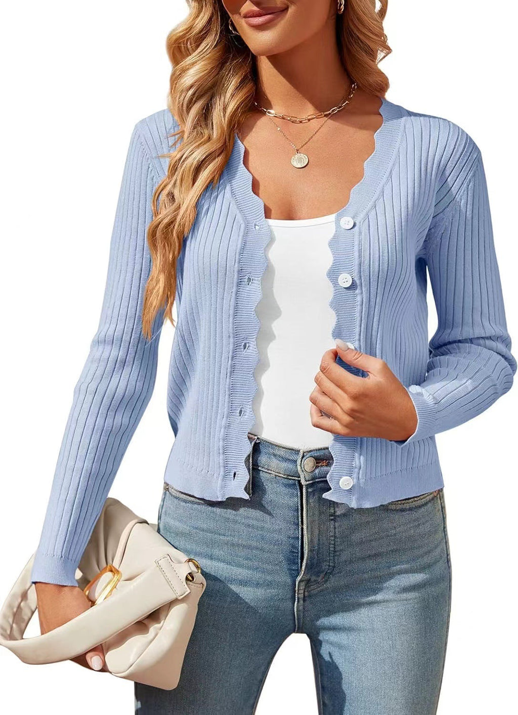 Women's Elegant Cardigan with Wavy Edges