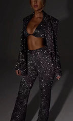 Glittering Suit Set with Crop Top and Flared Pants