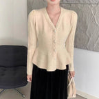 Elegant Knit Cardigan with Textured Design and Puff Sleeves