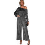 Elegant Women's Glitter One-Shoulder Jumpsuit with Wide Leg and Elastic Waist