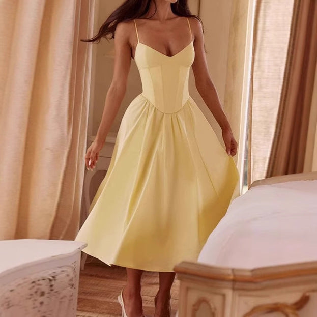 Elegant A-Line Midi Dress with Spaghetti Straps
