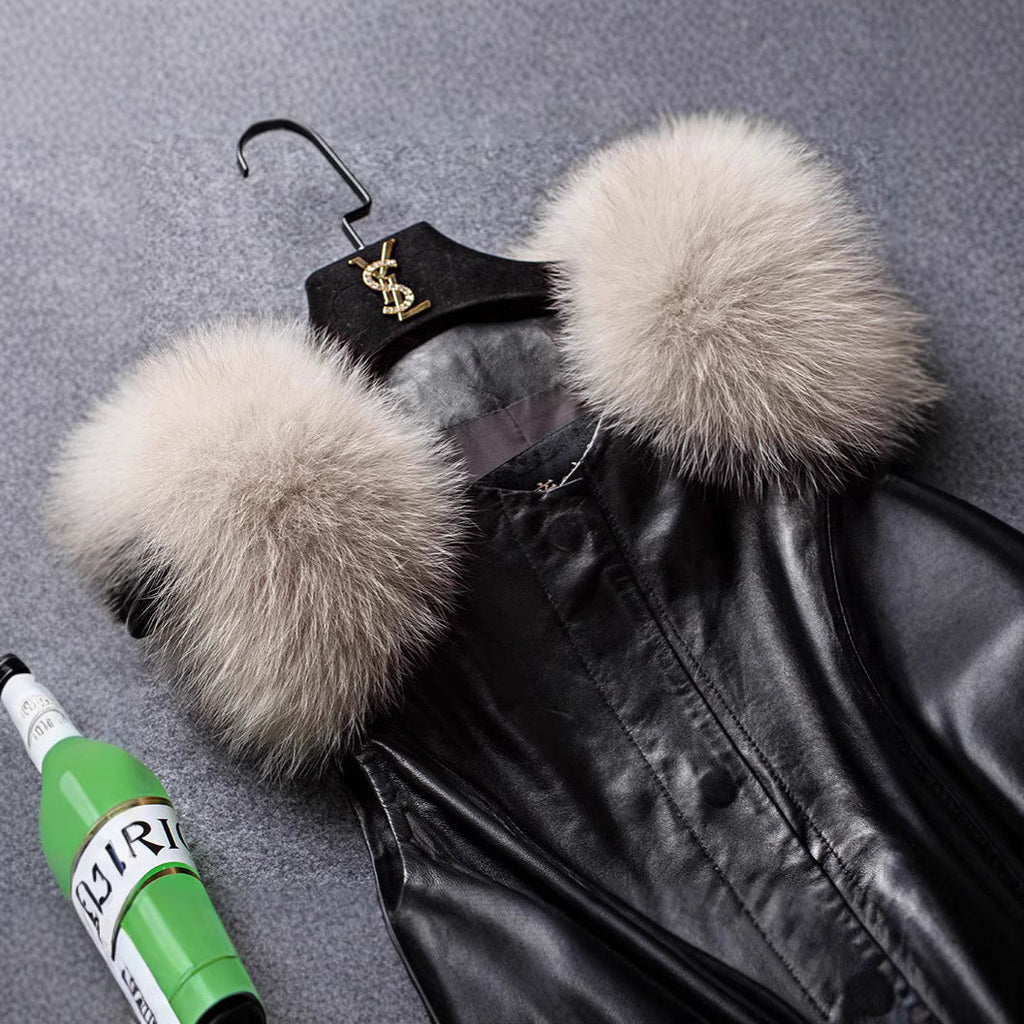 Women's Elegant Faux Leather Coat with Faux Fur Accents and Belt