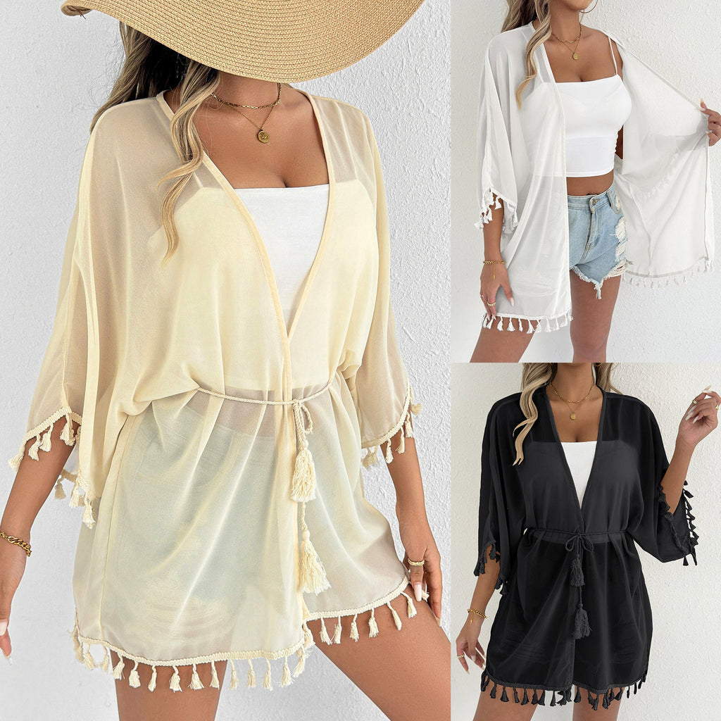 Women's Elegant Beach Poncho with Tassels