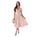 Women's A-Line Dress with Puff Sleeves and V-Neck