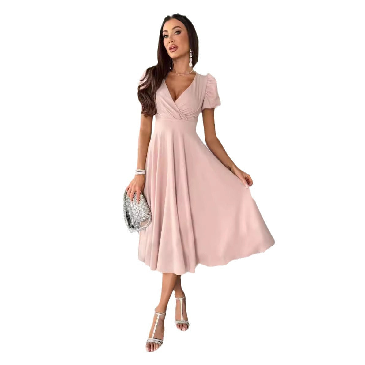 Women's A-Line Dress with Puff Sleeves and V-Neck