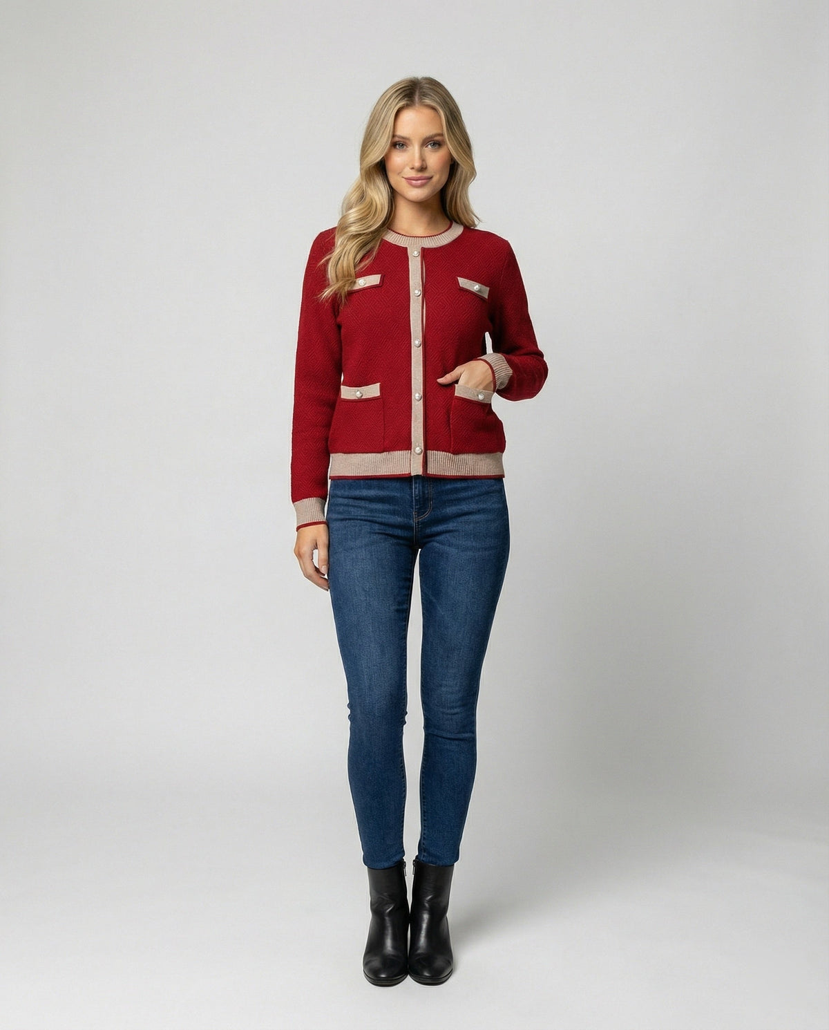 Two-Piece Knit Set with Pearl-Button Cardigan and Wide-Leg Trousers