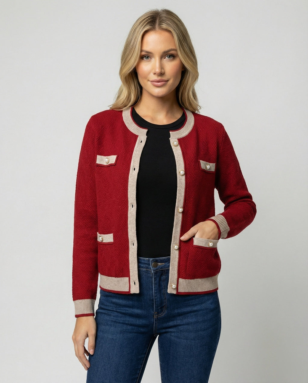 Two-Piece Knit Set with Pearl-Button Cardigan and Wide-Leg Trousers