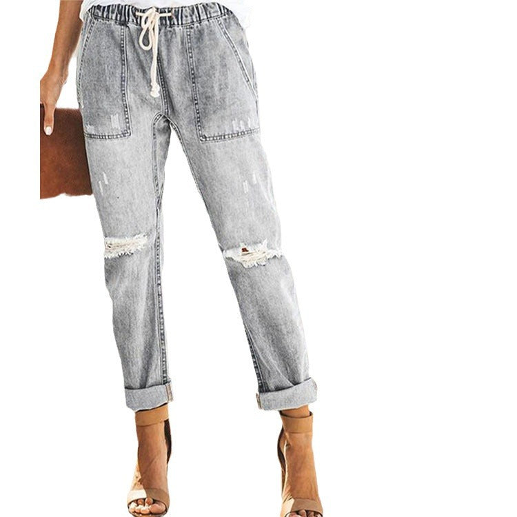 Women's Relaxed Jeans with Adjustable Waist and Fashionable Rips