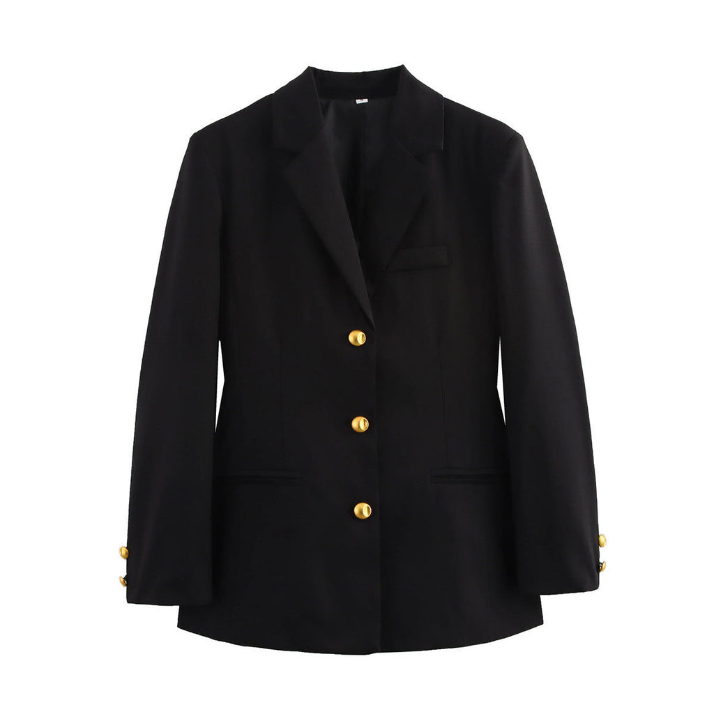 Women's Elegant Plaid Blazer with Gold Buttons