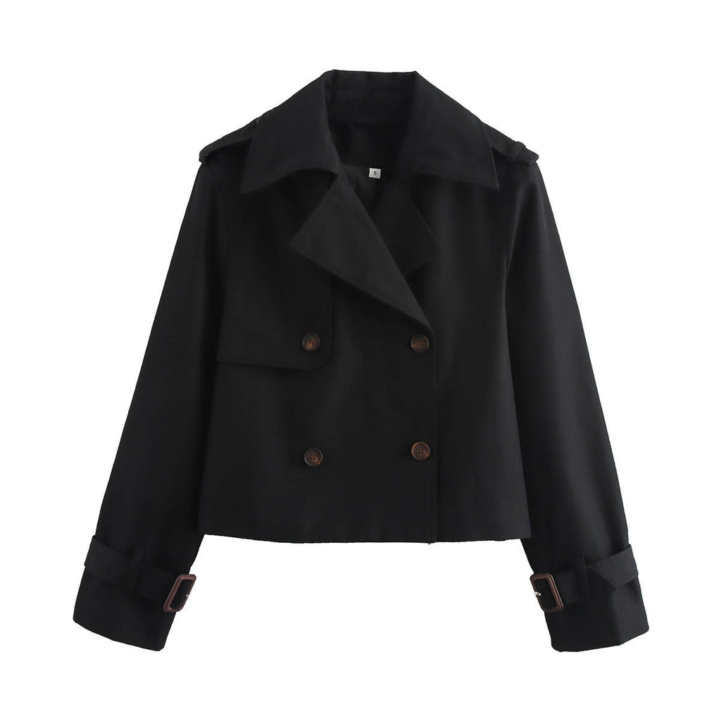 Women's Cropped Trench Jacket with Double-Breasted Button Placket and Adjustable Sleeves