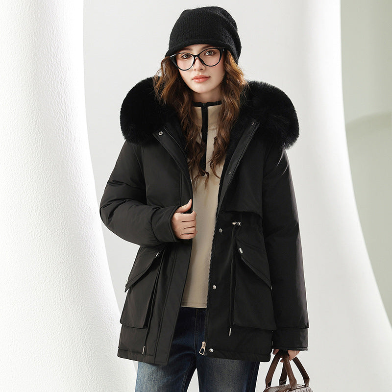 Women's Fashionable Winter Jacket with Detachable Hood and Faux Fur