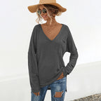 Casual Women's Long-Sleeve V-Neck Shirt with Chest Pocket