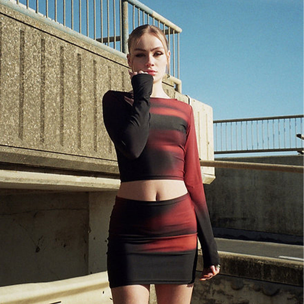 Women's Bodycon Set with Long-Sleeved Top and Fitted Skirt