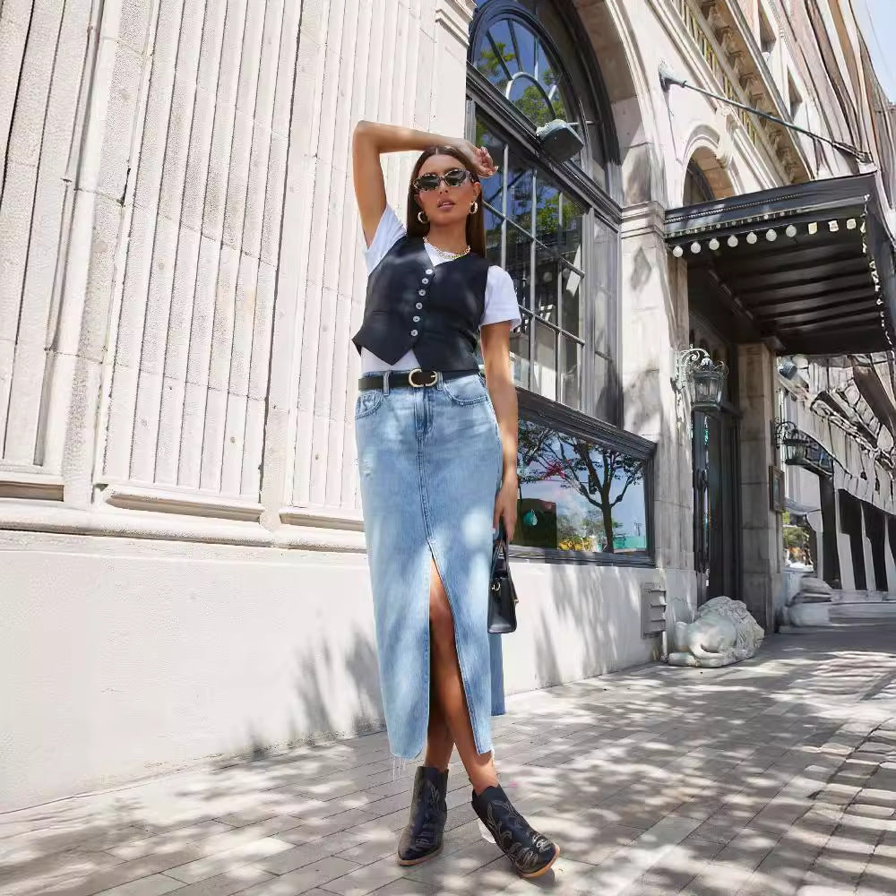 Women's Denim Skirt with Slit and Casual Cut