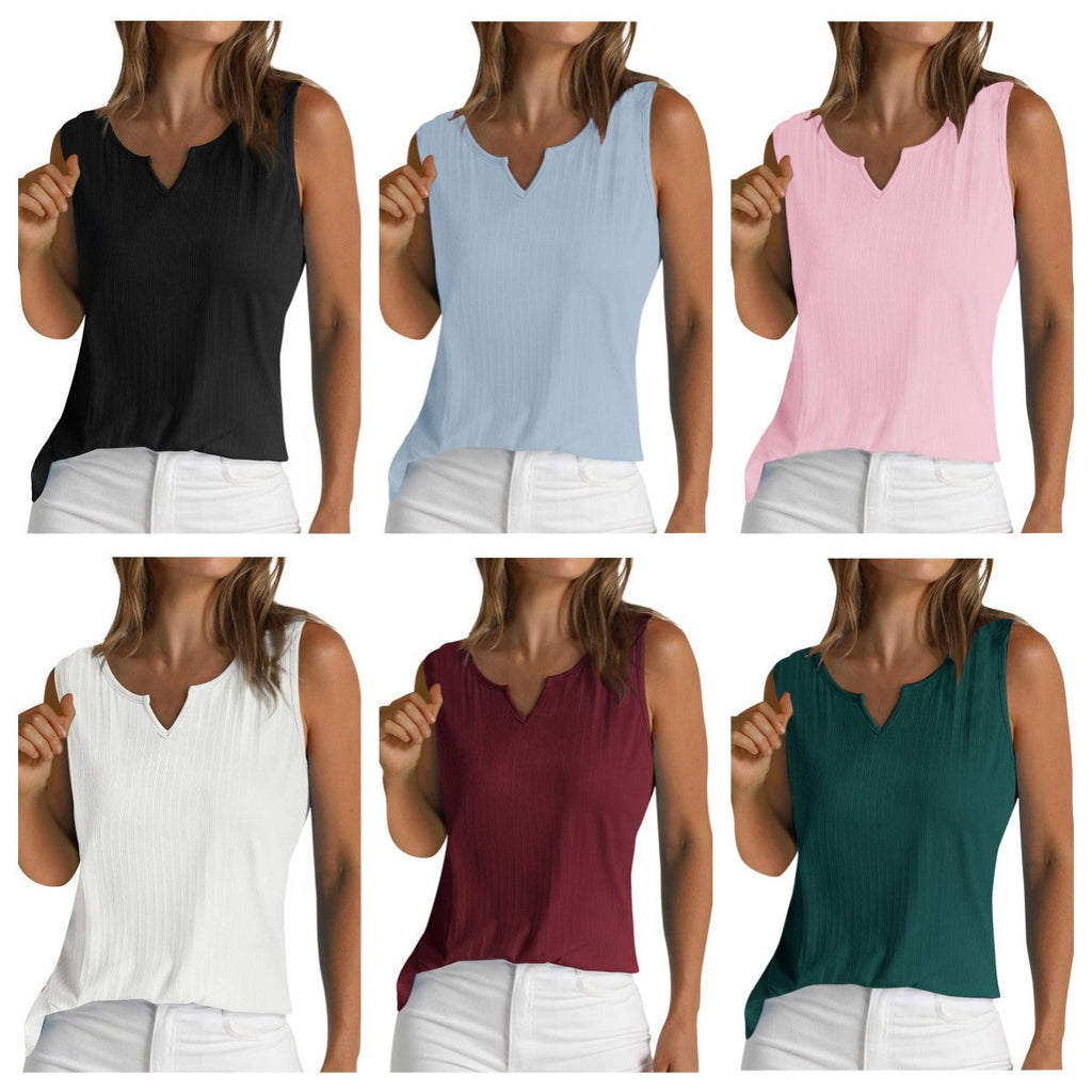 Sleeveless Top with Decorative V-Neck and Fine Ribbed Texture