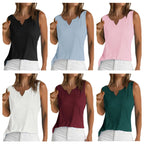 Sleeveless Top with Decorative V-Neck and Fine Ribbed Texture