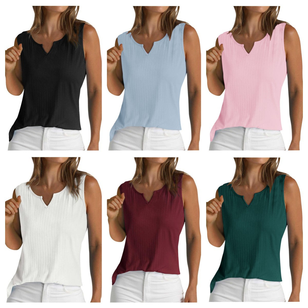 Sleeveless Top with Decorative V-Neck and Fine Ribbed Texture