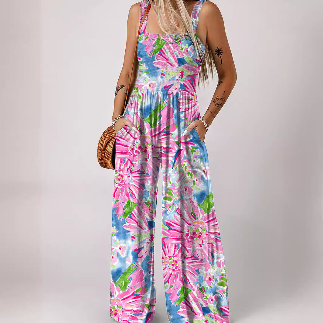 Women's Airy Floral Print Maxi Jumpsuit with Pockets