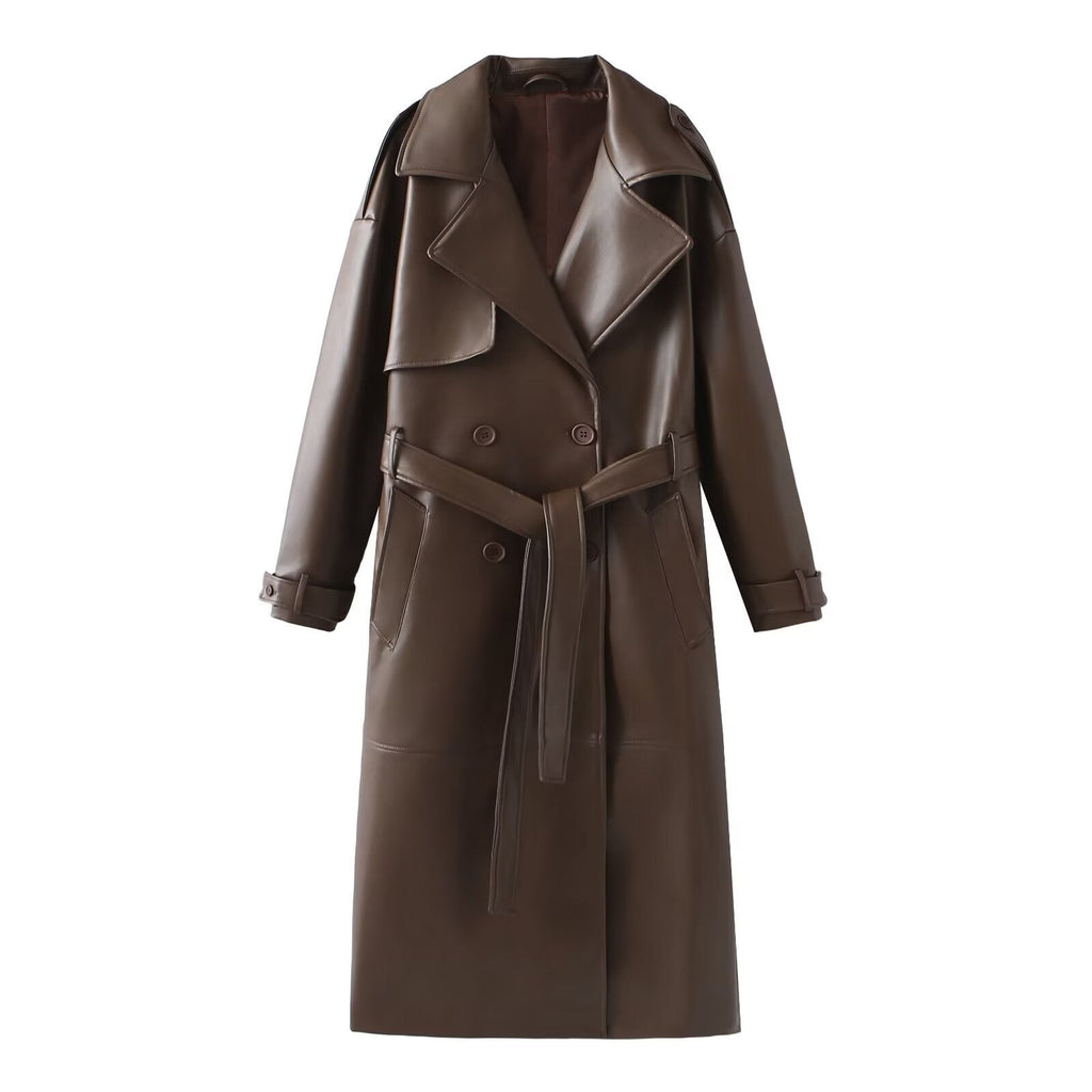 Women's Faux Leather Trench Coat with Fashionable Cut and Pockets