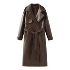 Women's Faux Leather Trench Coat with Fashionable Cut and Pockets