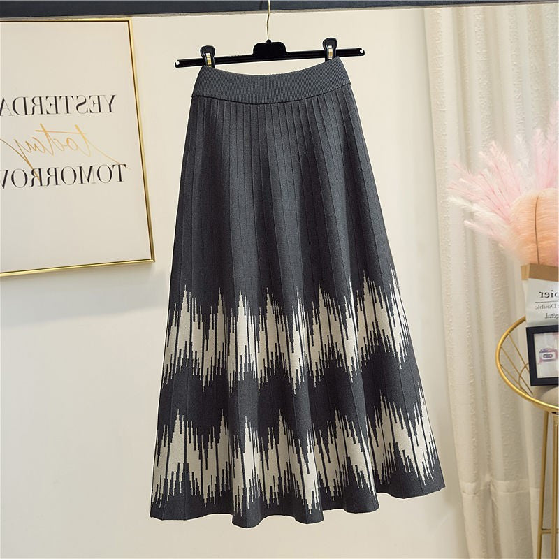Women's Maxi Skirt with Wave Pattern and Elastic Waistband