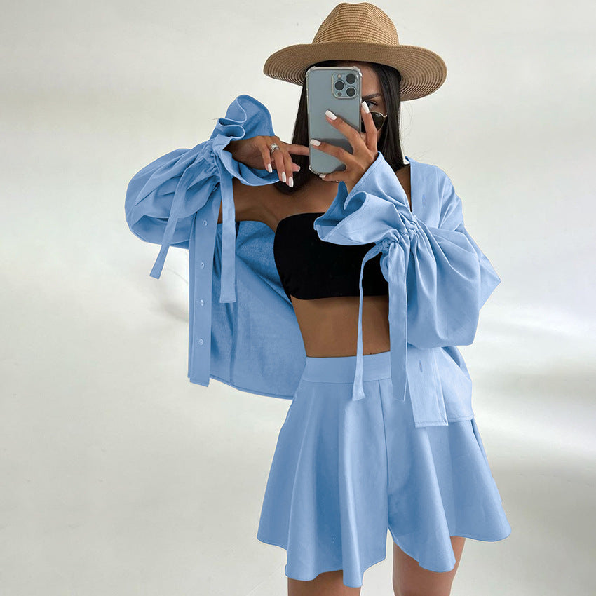 Women's Fashionable Leisure Outfit with Balloon Sleeves and Wrap Skirt