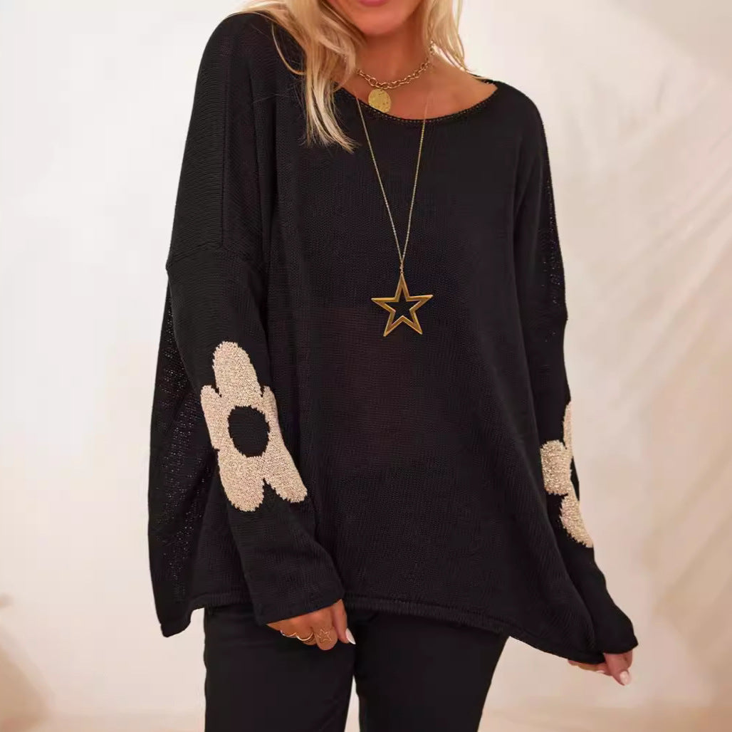 Women's Chunky Knit Sweater with Floral Design and Wide Fit